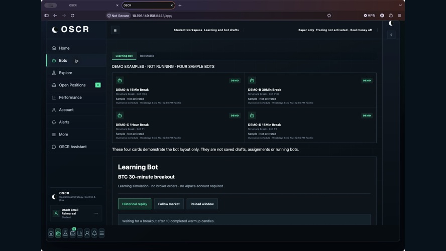 Earlier student Bots demo: sample cards are not running. This does not show the current active owner bots.